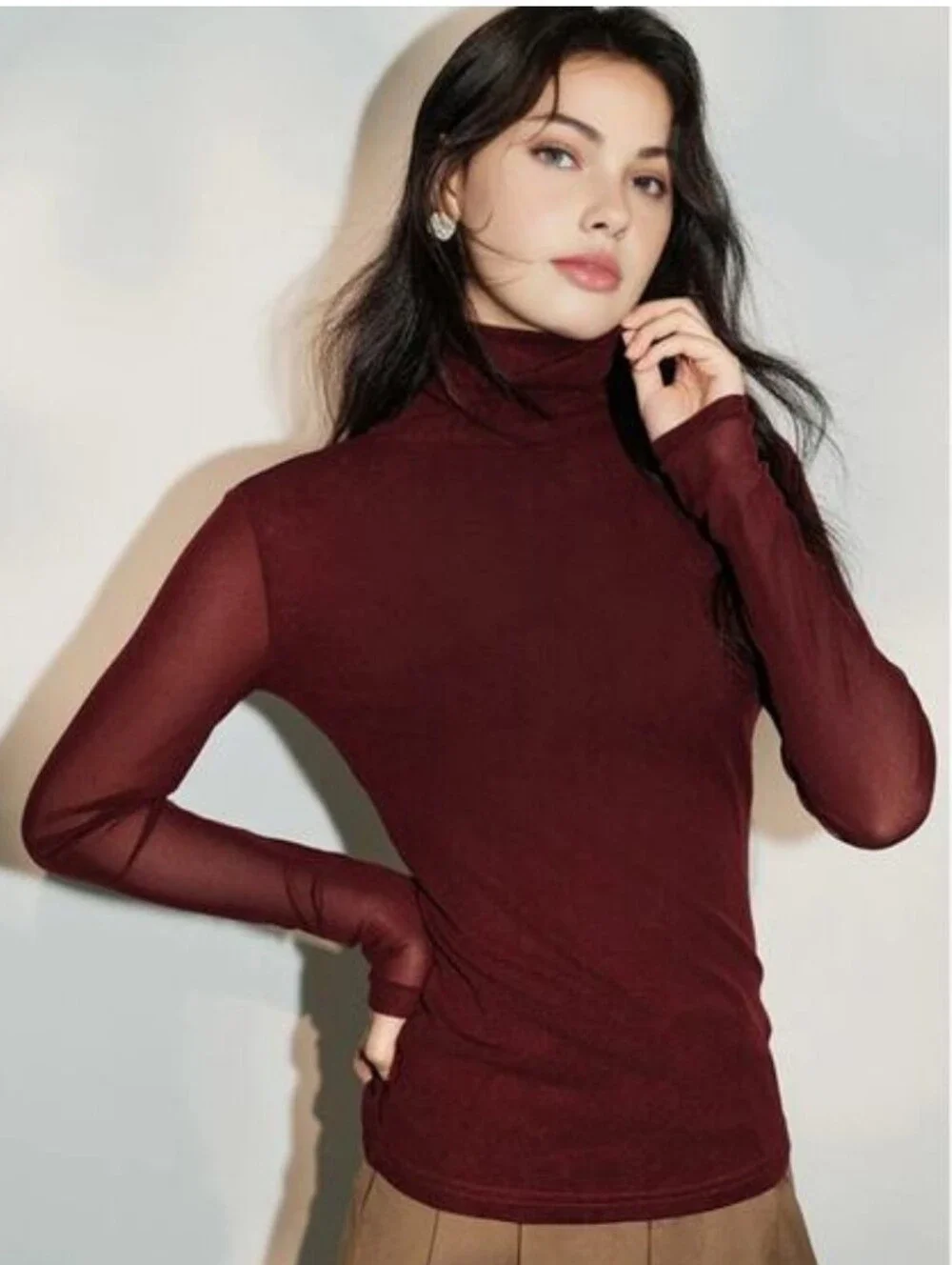 Commense Minimalist Mock/Turtleneck Jersey Top-Sheer Sleeve- Burgundy